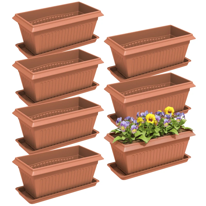 Outsunny 7 Pack 15.7" Plastic Flower Planters with Drainage Holes and Trays, Plant Pots for Indoor Outdoor Plants, Brown