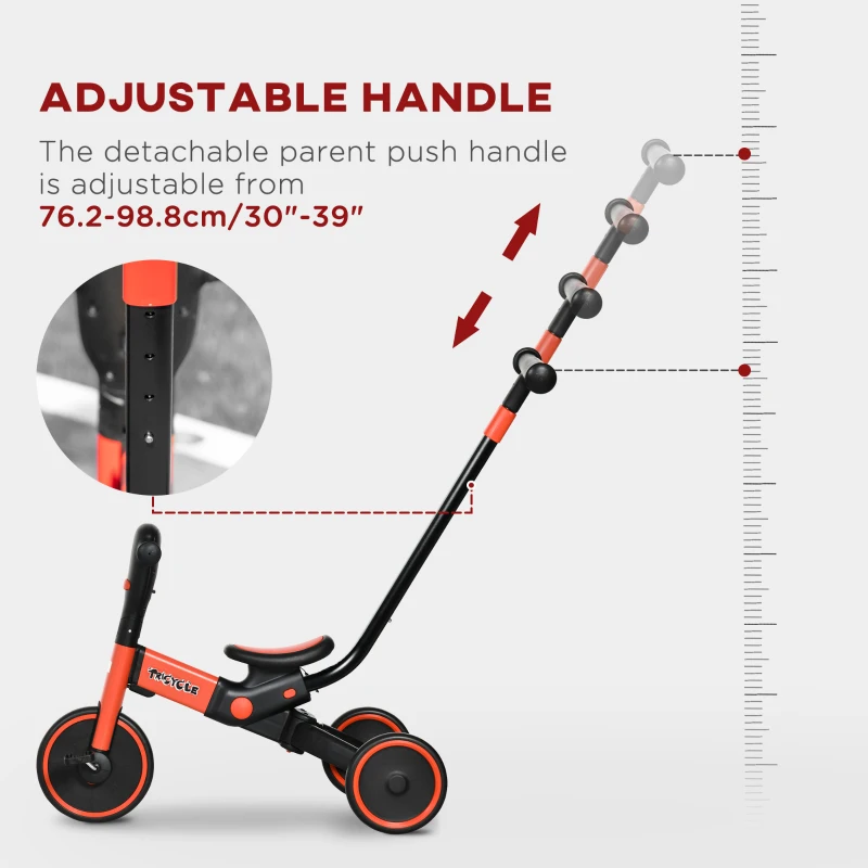 Aosom 4-in-1 Toddler Tricycle, Adjustable Balance Bike, Kids Bike, Baby Bicycle Push Trike for Kids 2-4 with Folding Trike Handle, Outdoor Toy for Toddlers & Kindergarteners, Red
