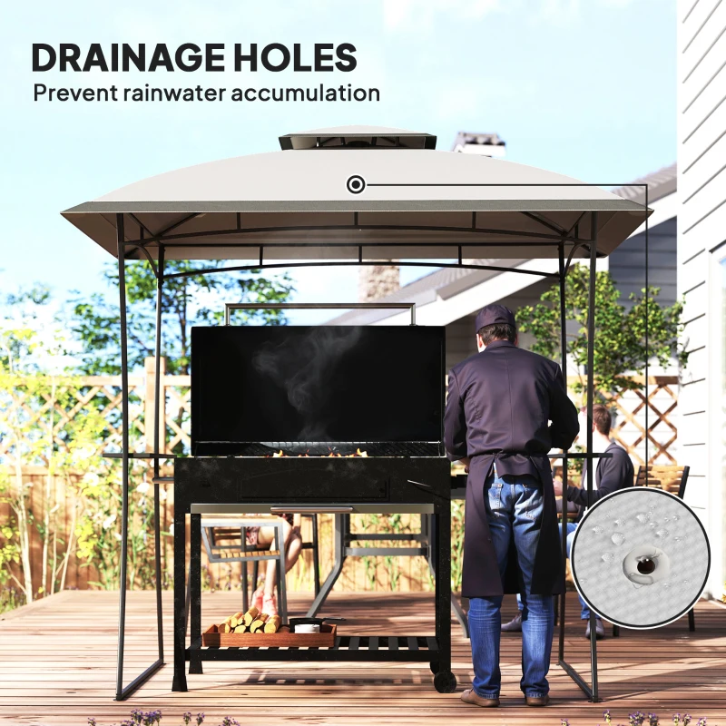 Outsunny 8' x 5' Outdoor Grill Gazebo, Double Tiered Barbecue Grill Gazebo Shelter with 2 Side Shelves and Hook, Light Grey