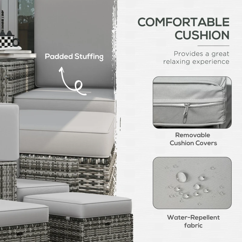 Outsunny 5PC Wicker Patio Lounger, Outdoor PE Rattan 5-level Adjustable Recliner Sofa Bed with Storage Side Table and Footstools, for Patio, Garden, Poolside, Grey