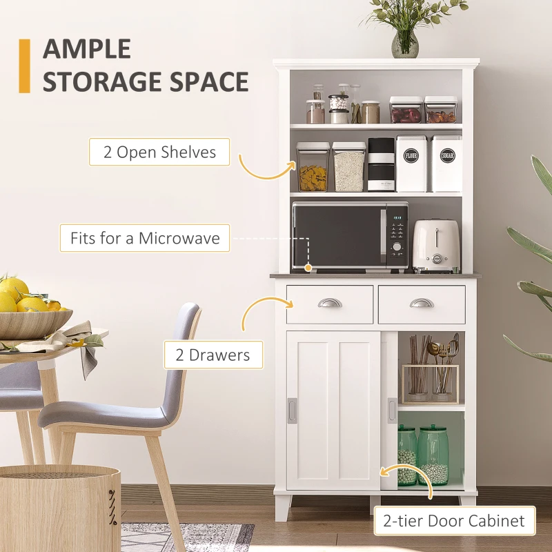 HOMCOM 67" Freestanding Buffet with Hutch, Kitchen Pantry Storage Cabinet with Sliding Doors, Drawers and Open Shelves, Adjustable Shelving, White