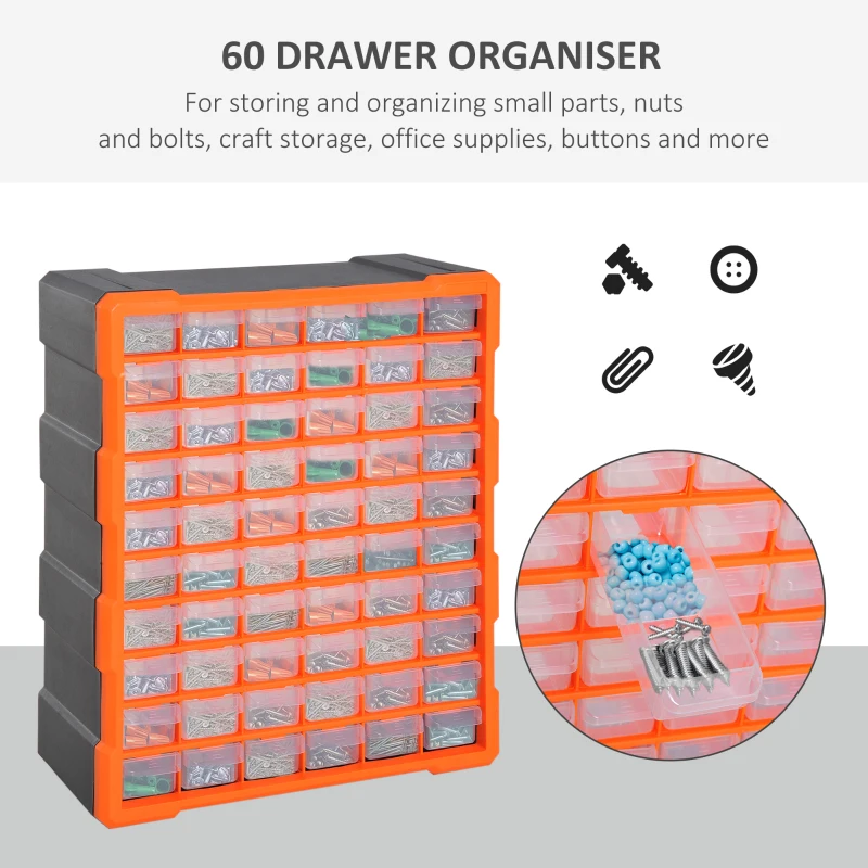 DURHAND Plastic Screw Organizer Storage Cabinet for Garage, 60 Drawers Parts Organizer Desktop or Wall Mount Storage Container for Hardware, Parts, Crafts, Beads, or Tools, Orange
