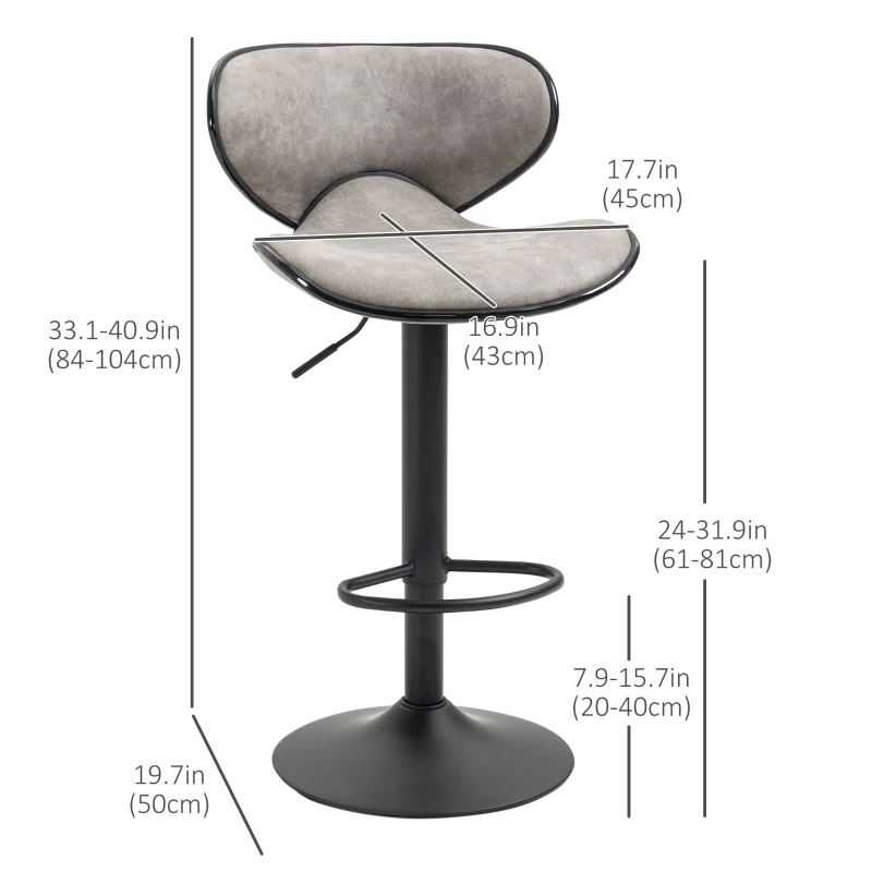 HOMCOM Adjustable Bar Stools Set of 2, Swivel Counter Height Barstools, Leathaire Upholstered Kitchen Island Stools with Back, Footrest and Steel Base, Taupe Grey