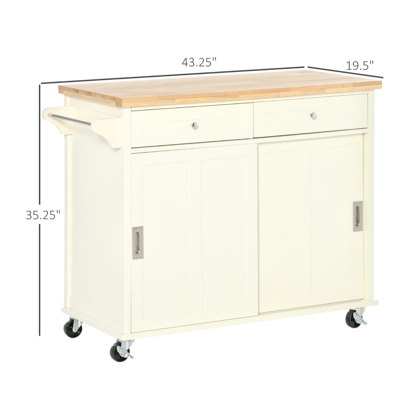 HOMCOM 43" Rolling Kitchen Island, Kitchen Storage Cart on Wheels with Sliding Doors, Cabinet, 2 Drawers, and Towel Rack, Cream White