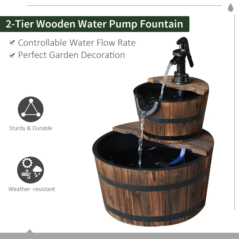 Outsunny Wood Freestanding Fountain with 2 Tier Waterfall Barrel, Electric Pump for Garden Decor, Lawn, Backyard