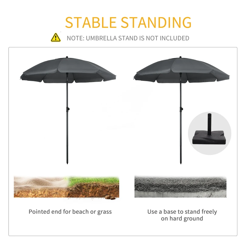 Outsunny 6ft Beach Umbrella, Outdoor Sun Shade Parasol with Push Button Tilt, Ruffled  UV50+ Vented Canopy, Dark Grey