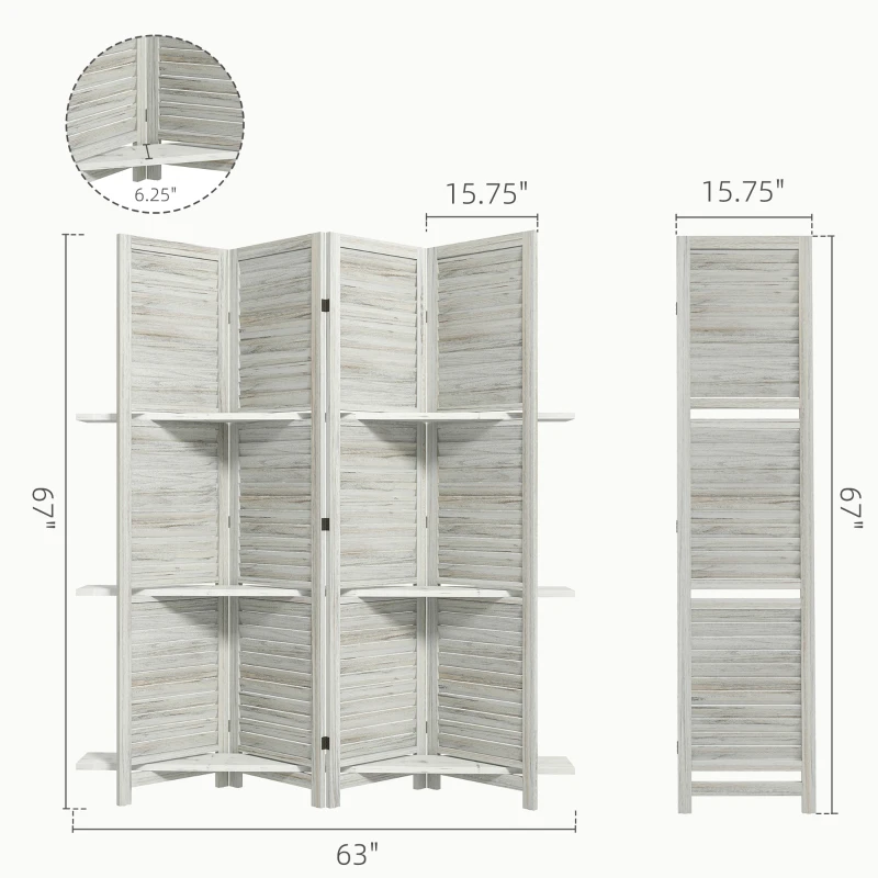 HOMCOM 4 Panel 67" Tall Wood Privacy Screen Room Divider with 3 Shelves and Folding Storage for Bedroom, Distressed White
