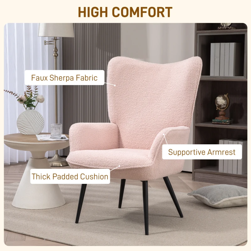 HOMCOM Accent Sherpa Chair, Upholstered Armchair, Fluffy Wingback Chair for Living Room, Reading Room, Pink