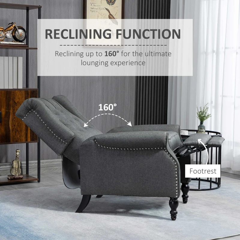 HOMCOM Fabric Recliner Chairs for Living Room, Push Back Reclining Chair with Wingback, Button Tufted, Nail Head Trim, Footrest, Dark Grey