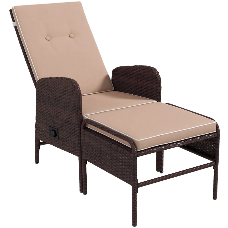 Outsunny 2 Pieces Patio Reclining Chair Set with Stool, Cushions, Outdoor Wicker Conversation Armchair Set, Brown