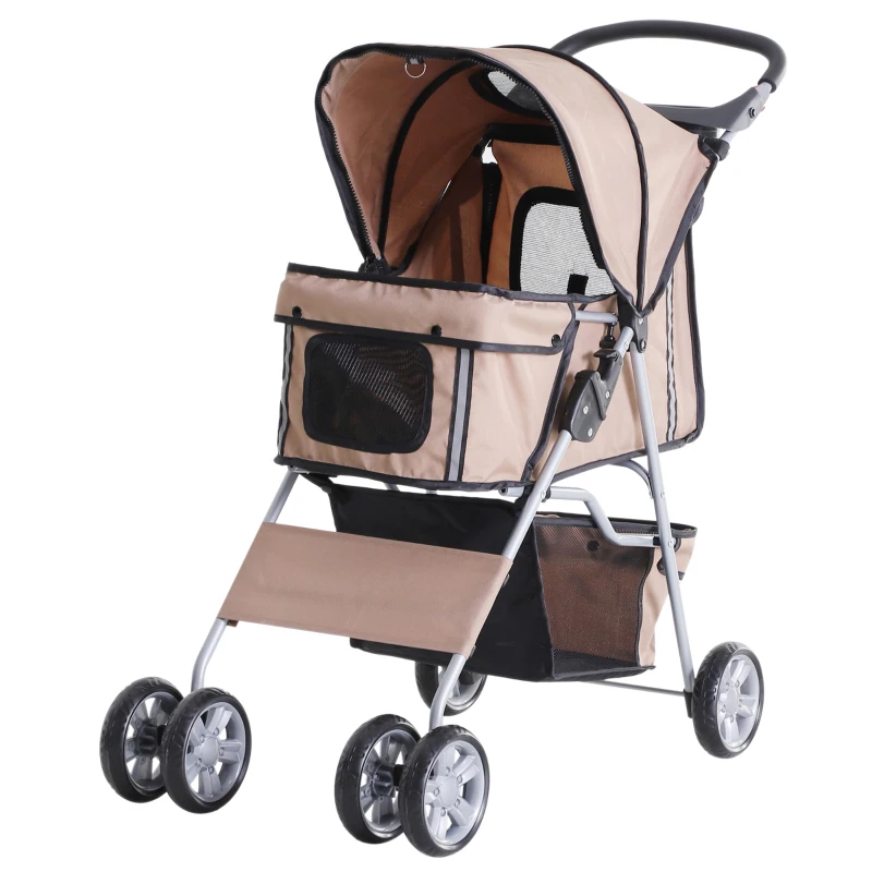 PawHut 4 Wheel Dog Pet Stroller Dog Cat Carrier Folding Sunshade Canopy with Brake, Safety Leash, Cup Holder, Brown