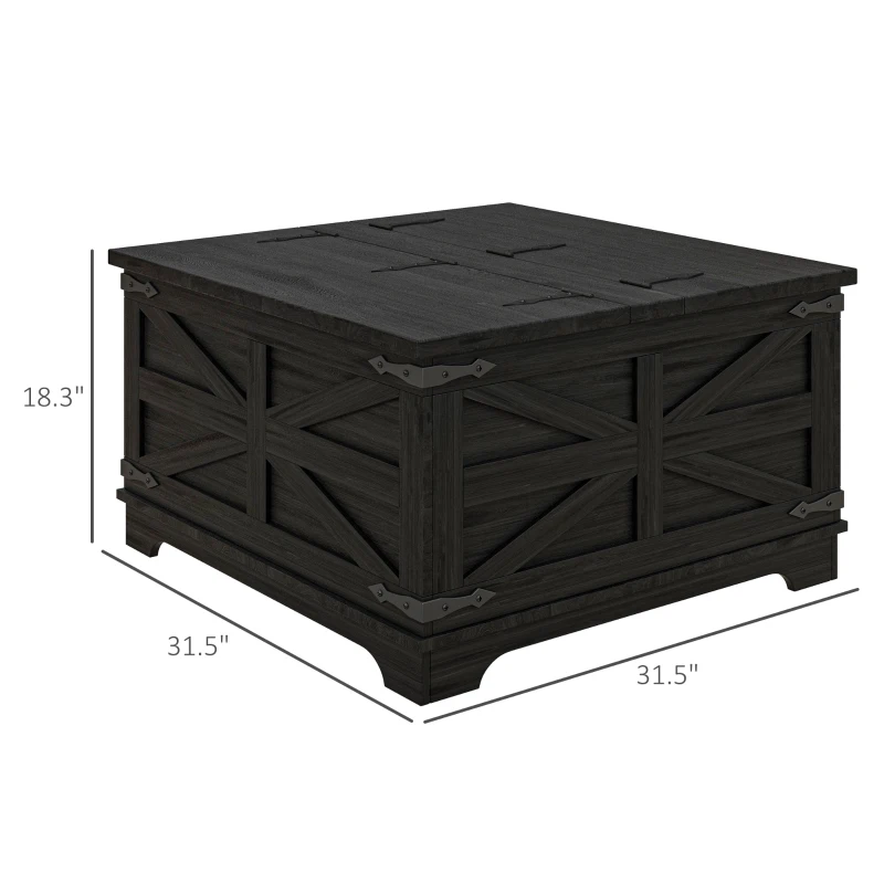 HOMCOM Farmhouse Coffee Table, Square Center Table with Flip-top Lids, Hidden Storage Compartment, Distressed Black