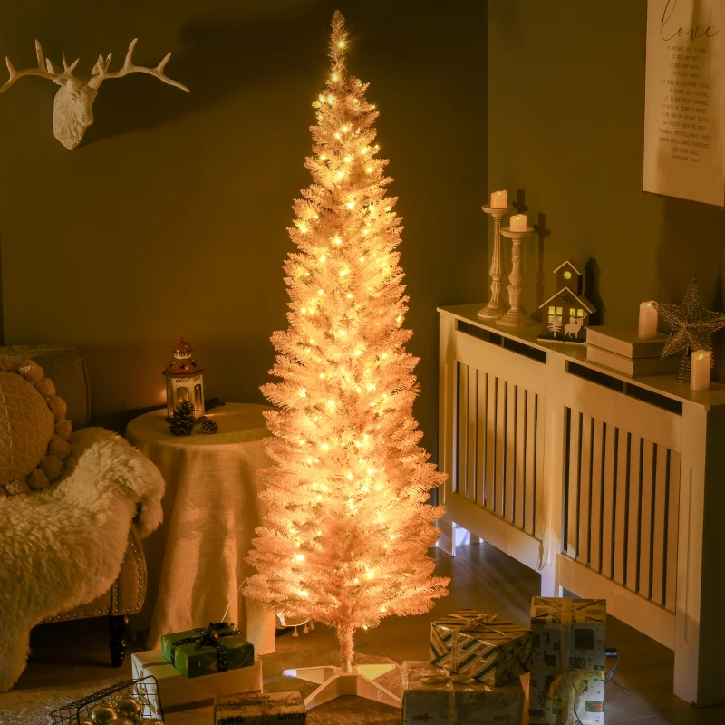 HOMCOM 6ft Pencil Christmas Tree, Slim Artificial Christmas Tree with Realistic Branches and Warm White LED Lights, Pink