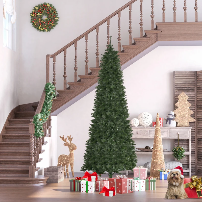 HOMCOM 8 Foot Pine Artificial Christmas Tree, Slim Pencil Xmas Tree with 952 Realistic Branches, Steel Base, Auto Open, Green
