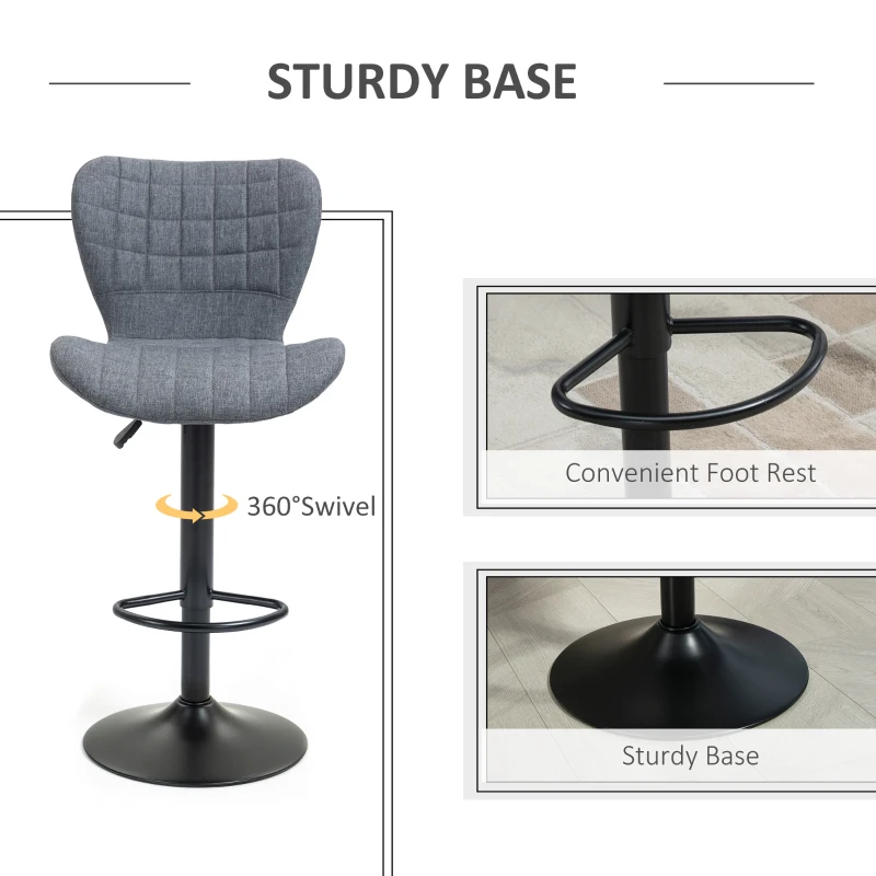 HOMCOM Bar Stools Set of 2, Adjustable Height Swivel Bar Chairs, Linen-feel Fabric Upholstered Kitchen Counter Stools with Wide Seat, Back and Footrest, Grey