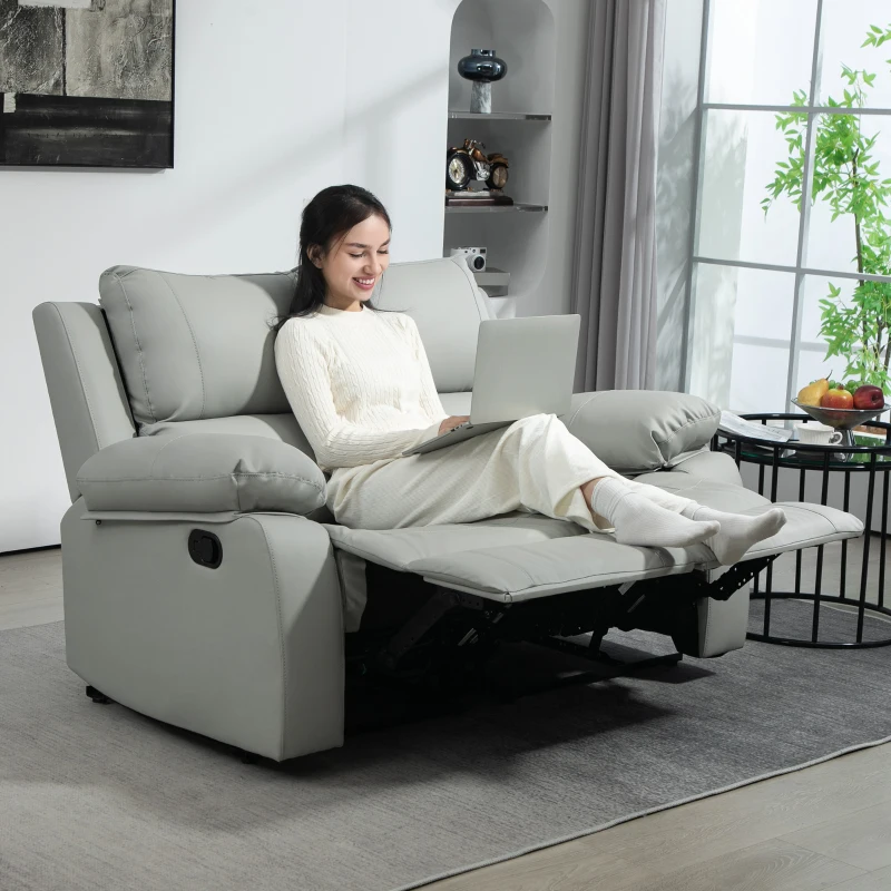 HOMCOM PU Leather Manual Recliner Sofa, Double Reclining Loveseat with Pullback Control Footrest for Living Room, Light Grey