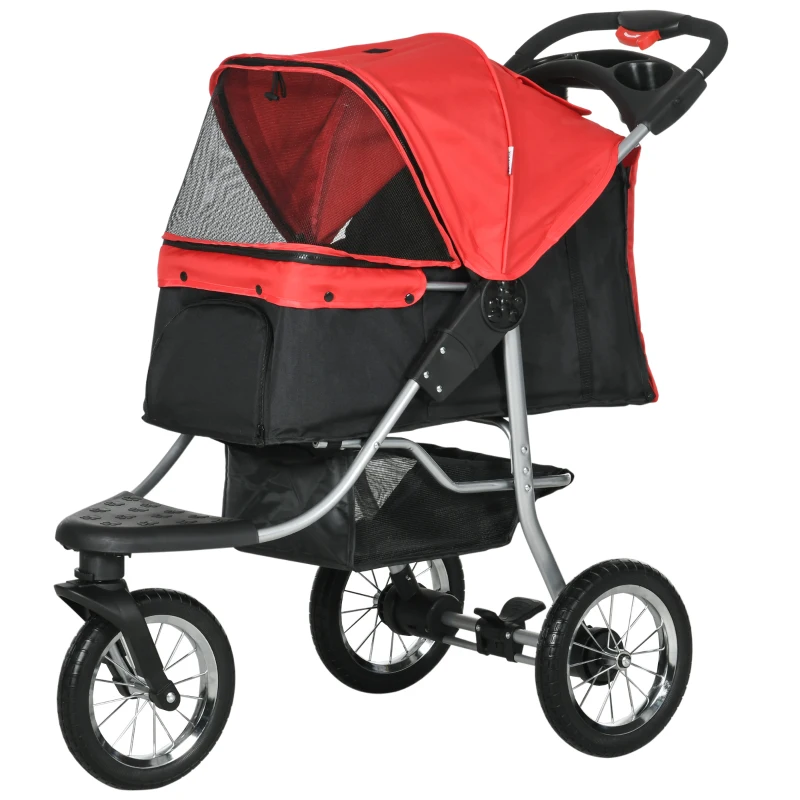 PawHut Luxury One-click Folding Pet Stroller Dog/Cat Travel Carriage with Wheels Adjustable Canopy Zippered Mesh Window Door Red and Black