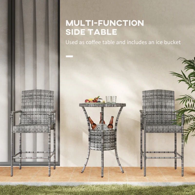 Outsunny 3 Pieces Patio Bar Set, Rattan Bistro Table and Chairs, Outdoor Conversation Furniture Set with Ice Bucket, Mixed Grey