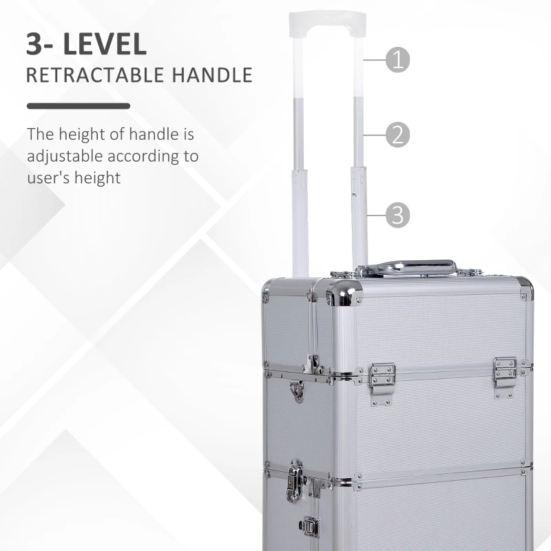 HOMCOM Pro 3 in 1 Portable Aluminum Makeup Cases Rolling Cosmetic Organizer Box, Black (Silver)