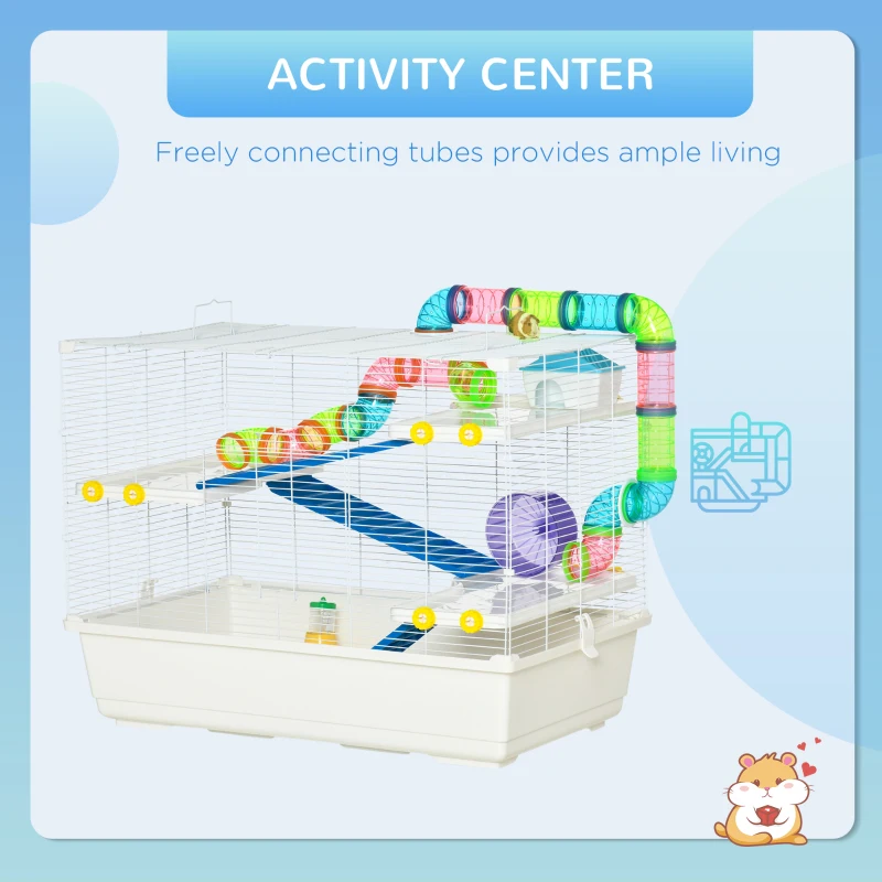 PawHut 31" Large Hamster Cage, Small Animal House, Multi-storey Gerbil Haven, Tunnel Tube System, with Water Bottle, Exercise Wheel, Food Dish, Ramps, White