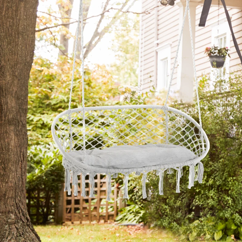 Outsunny 2-Person Hammock Chair Macrame Swing with Soft Cushion, Hanging Cotton Rope Chair for Indoor Outdoor Home Patio Backyard, Light Gray