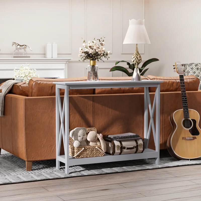 HOMCOM 2-Tier Console Table, Sofa Side Table with Storage Shelf, X Design for Entryway, Living Room, and Hallway, Grey
