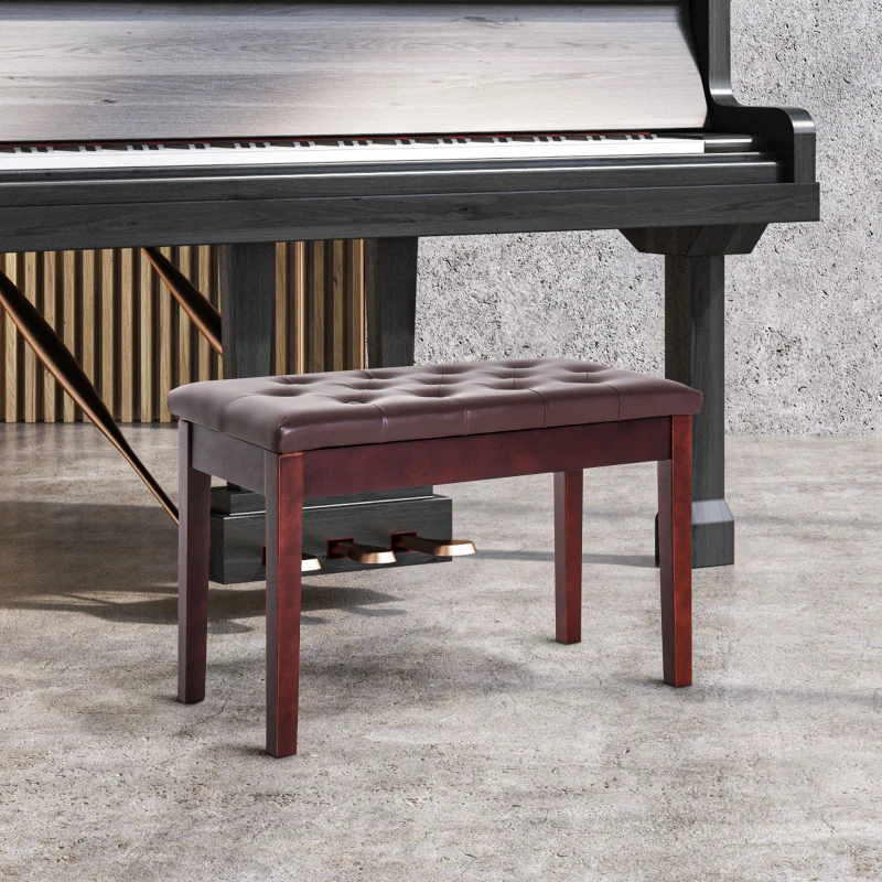 HOMCOM Piano Bench, Duet Piano Chair with Faux Leather Padded Cushion and Wooden Frame, Button Tufted Keyboard Bench, Brown
