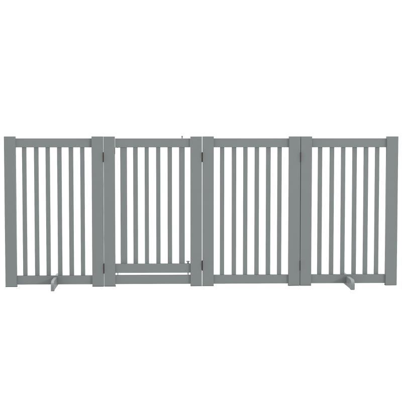 PawHut 4 Panel Free Standing Wooden Pet Gate with Open Door Light Grey