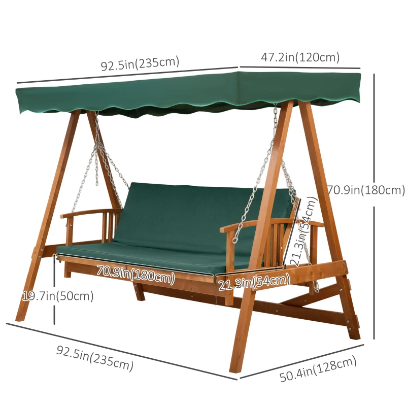 Outsunny 3 Seater Hardwood Reclining Swing Chair with Adjustable Back Green