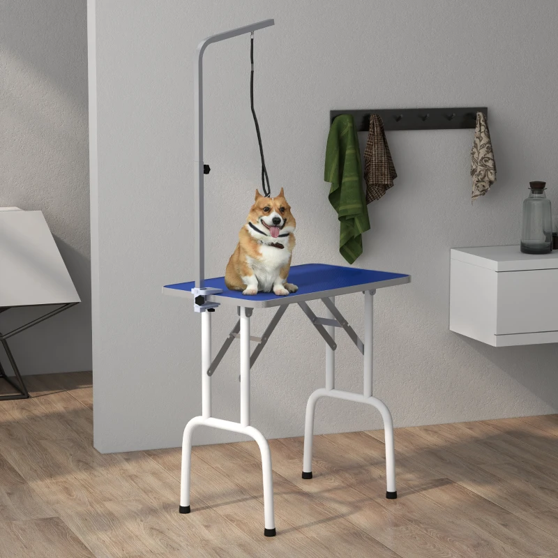 PawHut Foldable Pet Grooming Table for Dogs Cats with Adjustable Arm, Non-slip Surface, Blue