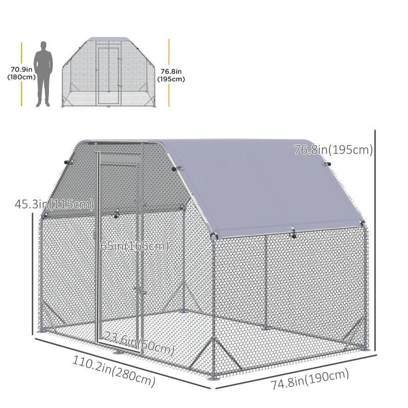 PawHut Chicken Run, Galvanized Large Metal Chicken Coop Cage, Walk-in Enclosure Poultry Hen Run House Playpen Rabbit Hutch with Flat Roof, Cover, 9.2' x 6.2' x 6.5', Silver