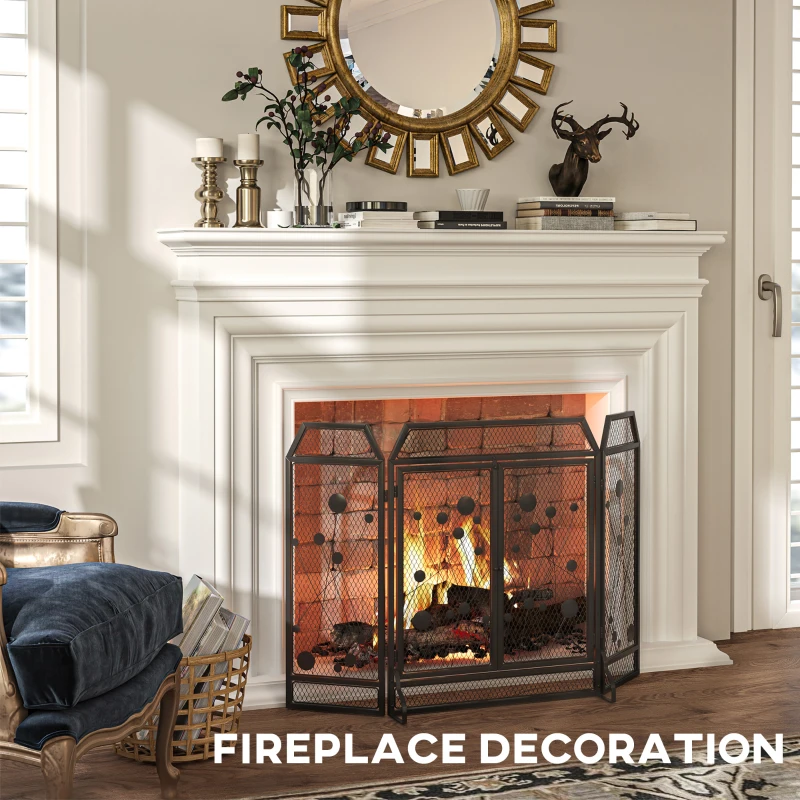 HOMCOM 3-Panel Metal Fireplace Mesh Screen Home Folded Steel Spark Protection with Magnetic Doors 49.25" x 31.5", Black