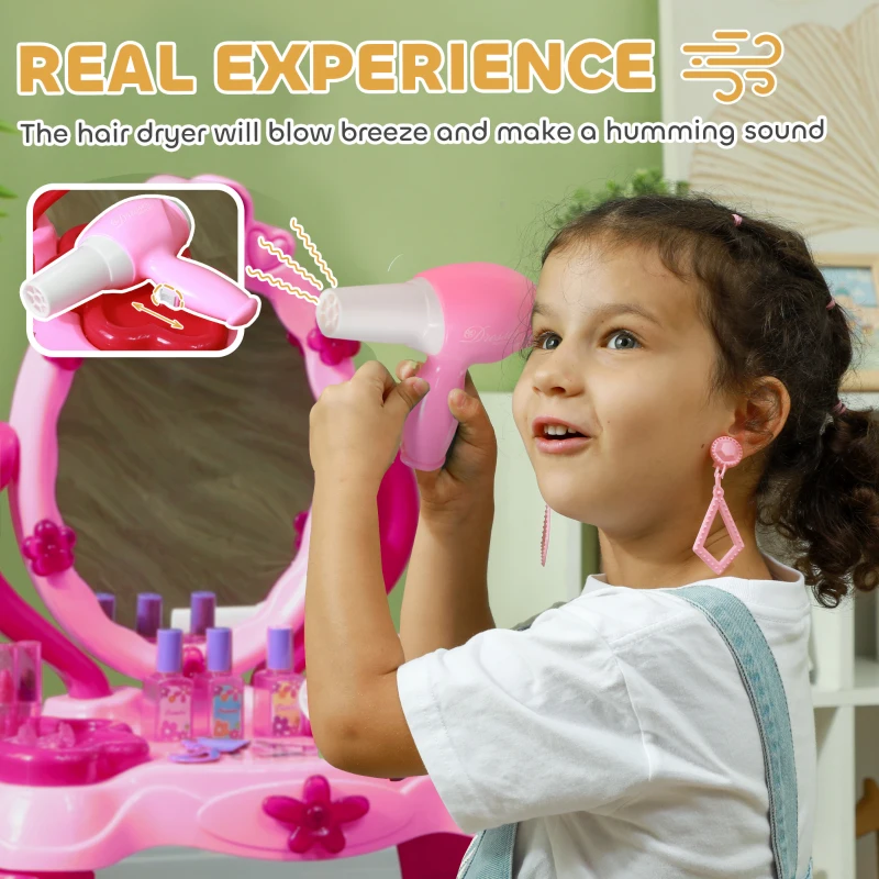 Qaba Kids Vanity Set with Mirror and Stool, Light and Sound, 15 Accessories, Pink