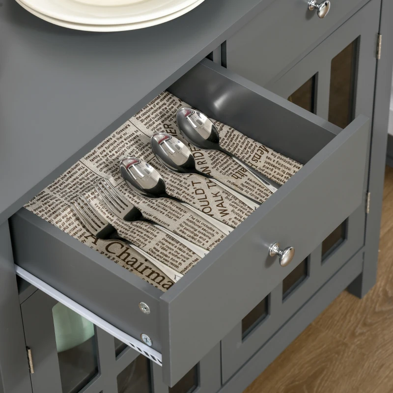 HOMCOM Accent Kitchen Cabinet with Glass Doors, Adjustable Shelf and 2 Drawers for Kitchen ,Grey