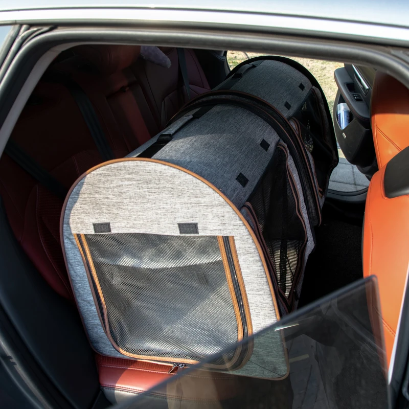 PawHut 39" Travel Pet Carrier, Portable Soft-Sided Cat Carrier with Divider, Two Compartments, Cushions, & Storage Bag, Grey