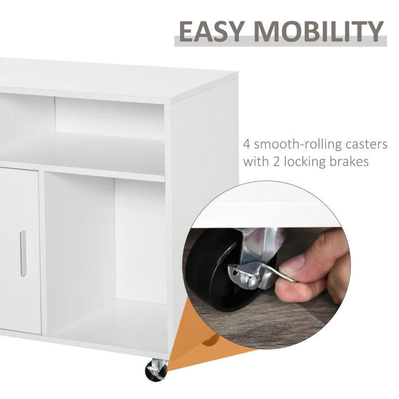 HOMCOM Printer Stand Home Office Mobile Storage Cabinet Organizer Desktop with Caster Wheels, 2 Locking Breaks and Drawer, White