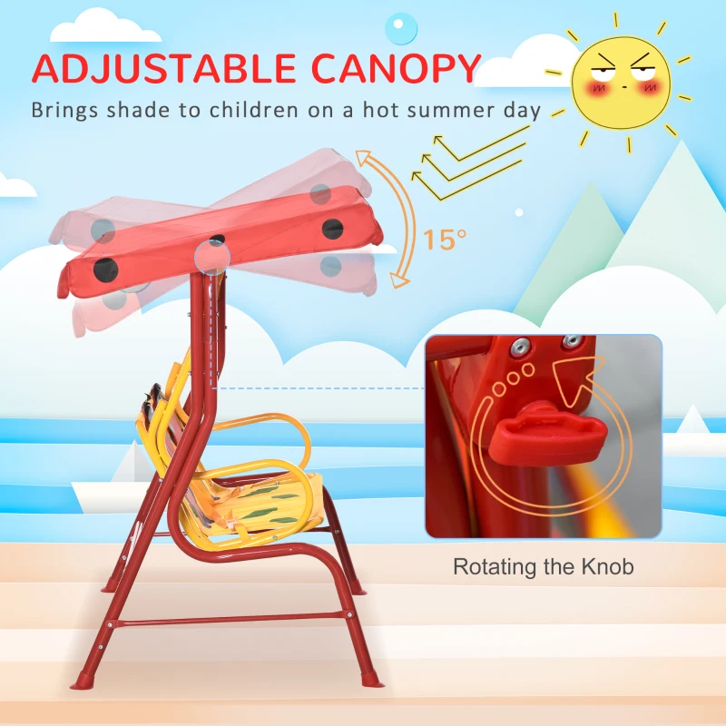Outsunny Porch Swing for Kids with Adjustable Canopy to Block Sun at Angles, Kids Swing Chair with Seatbelts, Ladybug Pattern, Gift for Kids Ages 3-6, Red