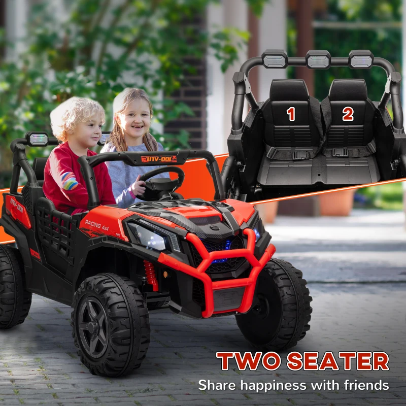 Qaba 2 Seater 24V Kids Electric Car w/ Remote Control, 3 Speed, LED Lights, Music, Horn, Spring Suspension, Slow Start, Red