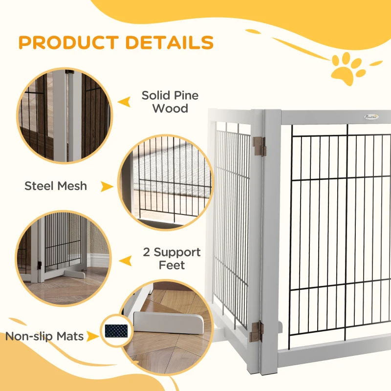 PawHut Wooden Dog Gate for Small & Medium Dogs 4 Panel w/ Support Feet Foldable Pet Fence for House Doorway Light Grey