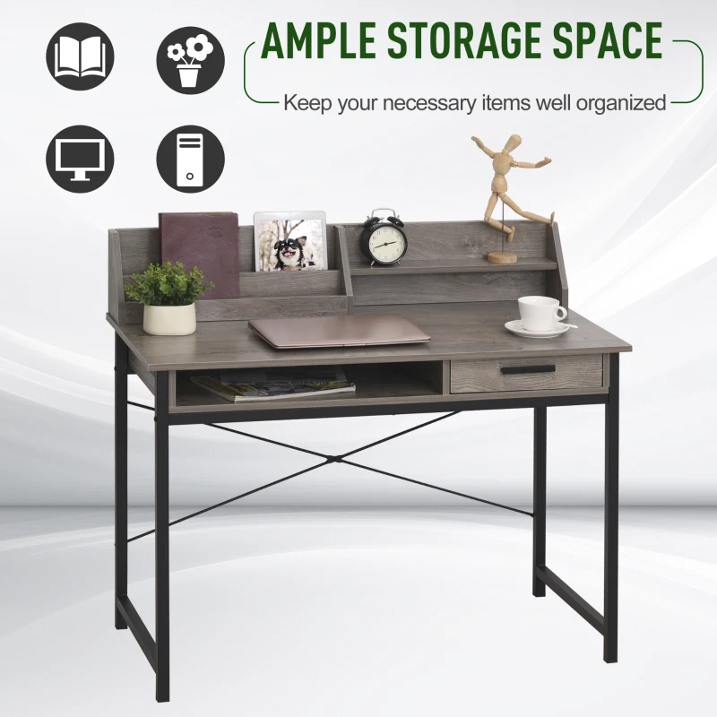 HOMCOM Industrial Computer Desk with Drawer and Open Shelves, Writing Table with Hutch for Home Office, Grey