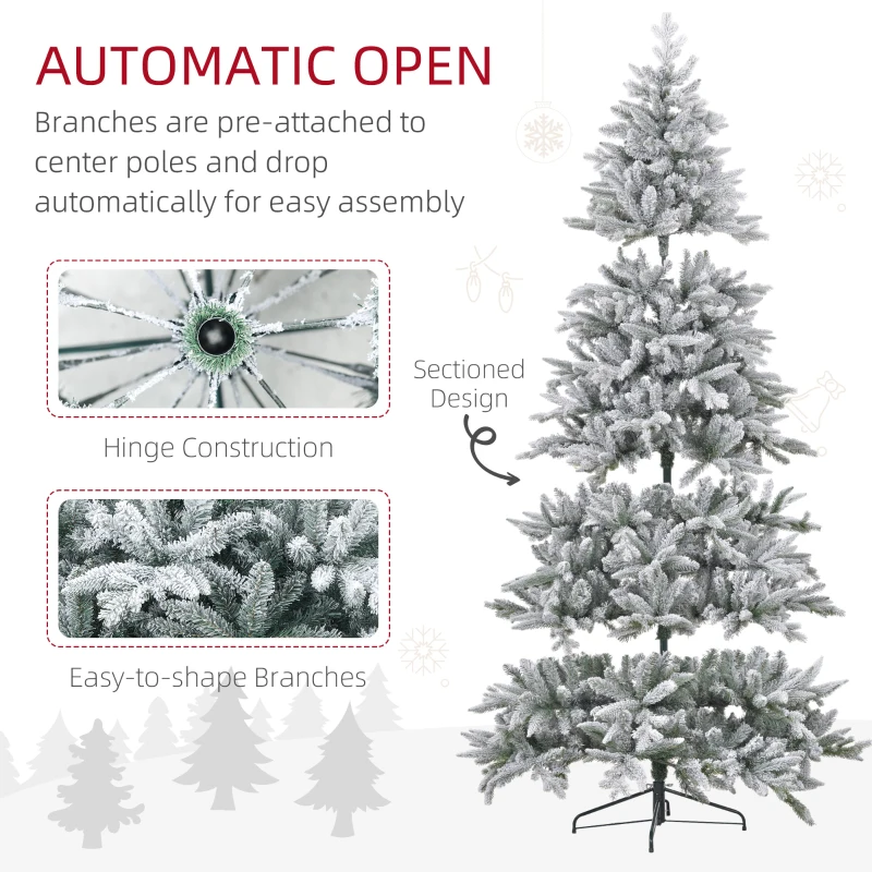 HOMCOM 8ft Artificial Flocked Christmas Tree with Snow Tips, Easy Assembly, Hinged Xmas Tree for Home Office Holiday