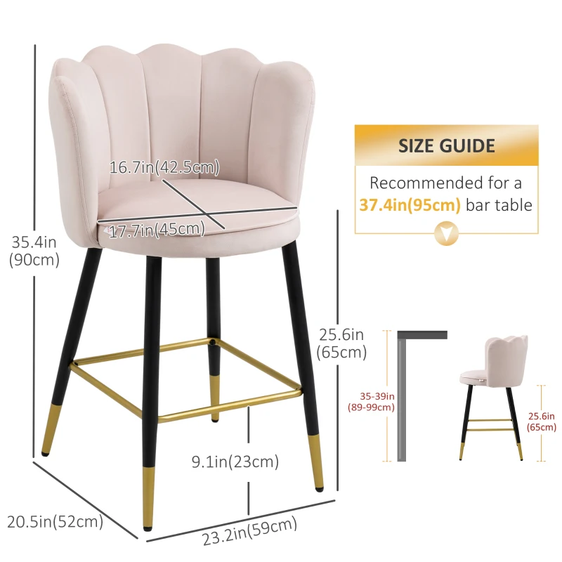 HOMCOM Bar Stools Set of 2 Modern Counter Height Bar Stools with Back, Footrest for Home Kitchen, 23.2"x20.5"x35.4", Pink
