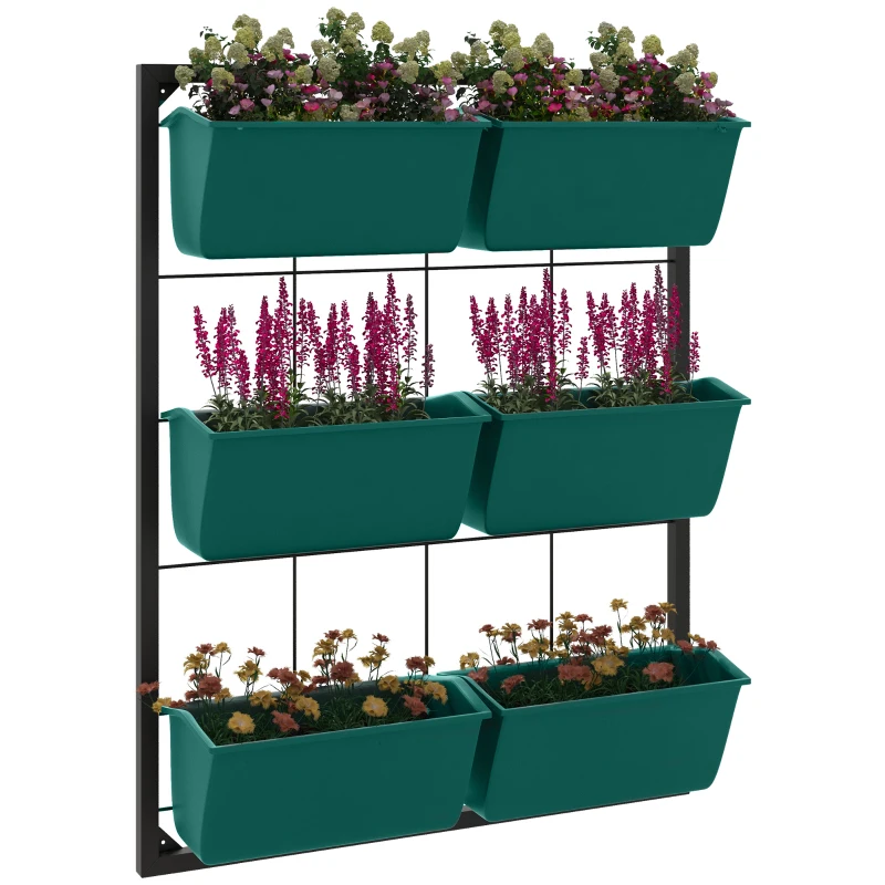 Outsunny 3-Tier Hanging Planter with 6 Pots for Indoor and Outdoor Use, Wall Planter, Self Draining & Wall Mounted, Green