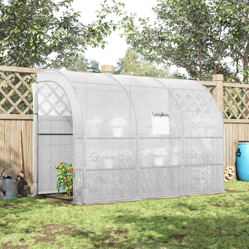 Outsunny Walk-in Wall Lean-to Greenhouse, 10' x 5' x 7' Outdoor Gardening Green House with PE Cover, Windows, Shelves and 2 Zipper Doors, White