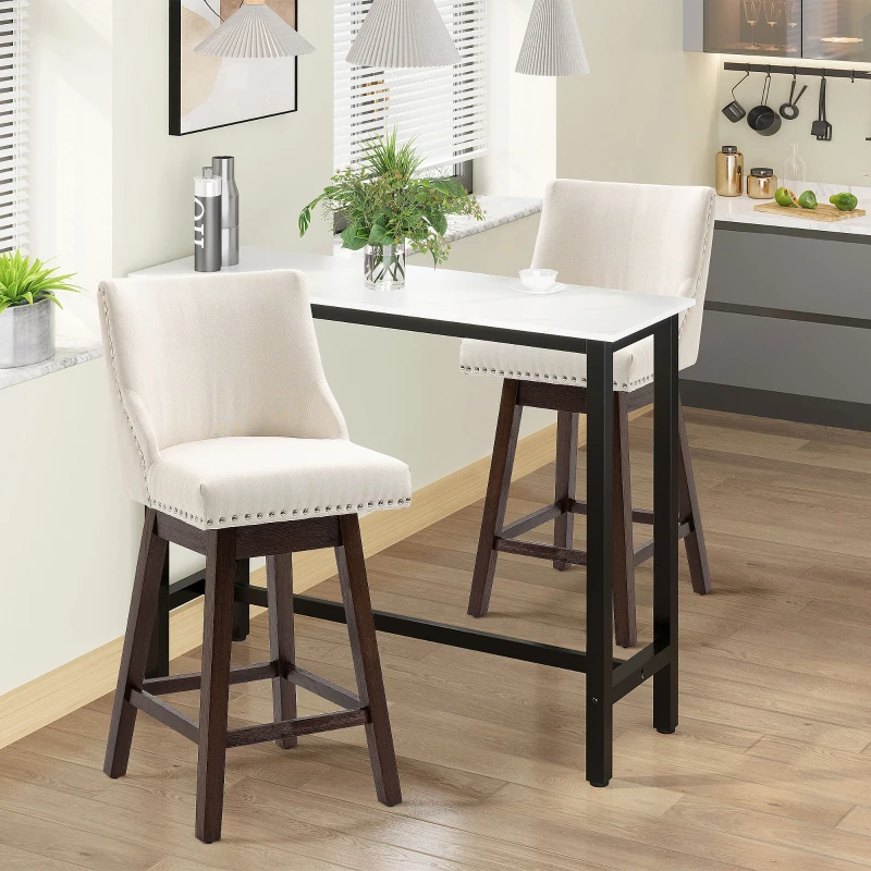 HOMCOM 28" Swivel Bar Height Bar Stools Set of 2, Armless PU Leather Upholstered Barstools Chairs with Nailhead Trim and Wood Legs, Cream White