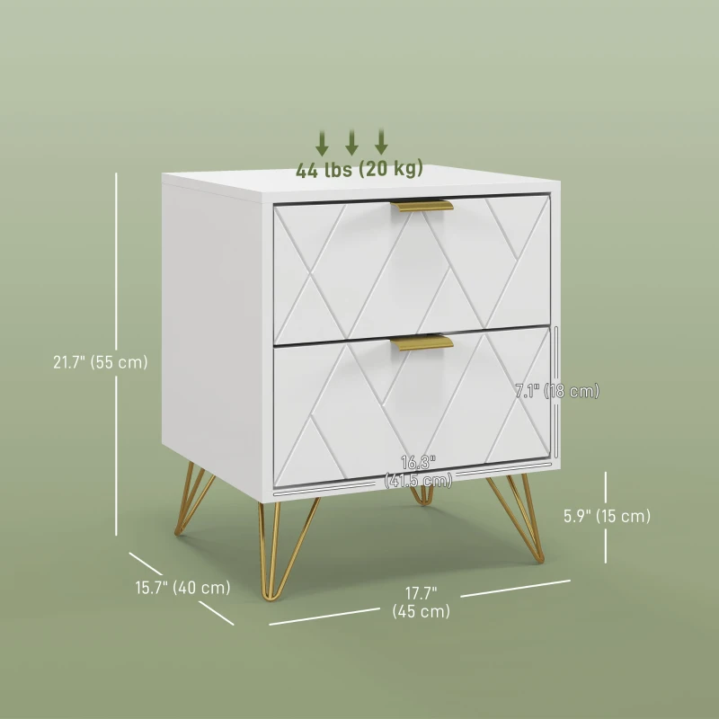 HOMCOM Modern Bedside Table, Accent Nightstand with 2 Drawers, Bed End Table for Bedroom, Living Room, White