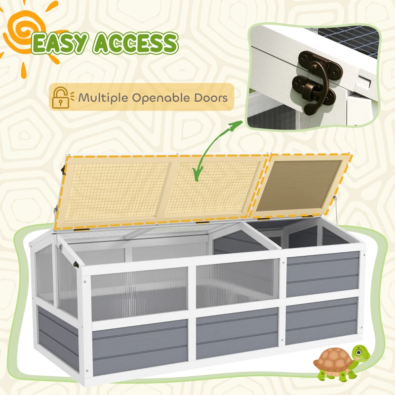 PawHut Wooden Tortoise Habitat Outdoor w/ Bottomless Design, Doors, PC Sun Panel Windows, for Small Animals, Rabbit, Light Gray