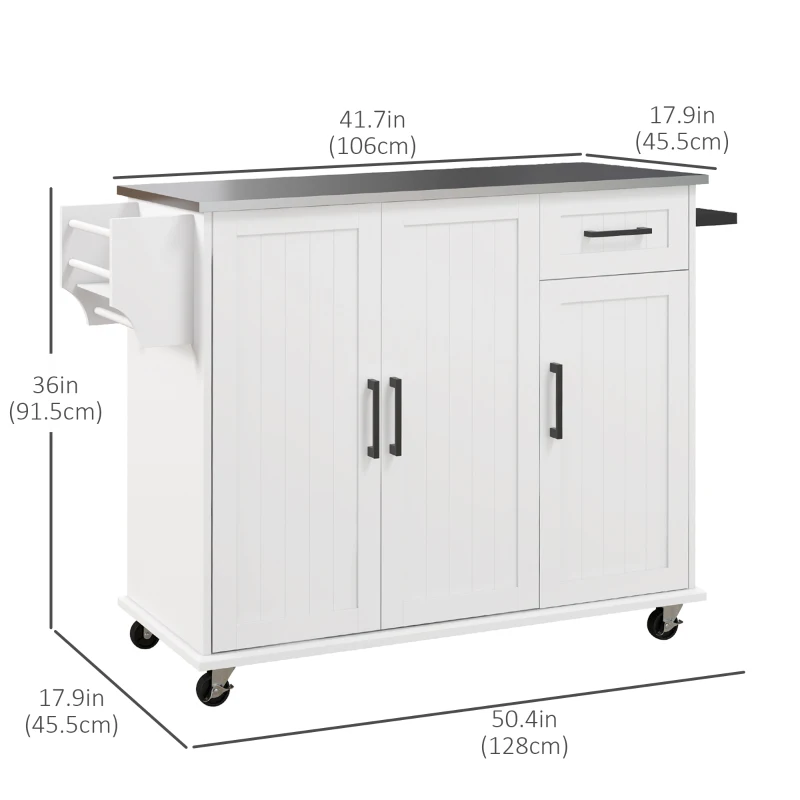 HOMCOM Kitchen Island with Storage, Rolling Kitchen Cart on Wheels, Kitchen Island with Storage, Drawer, 3 Cabinets, Stainless Steel Countertop, Spice Rack and Towel Rack, White