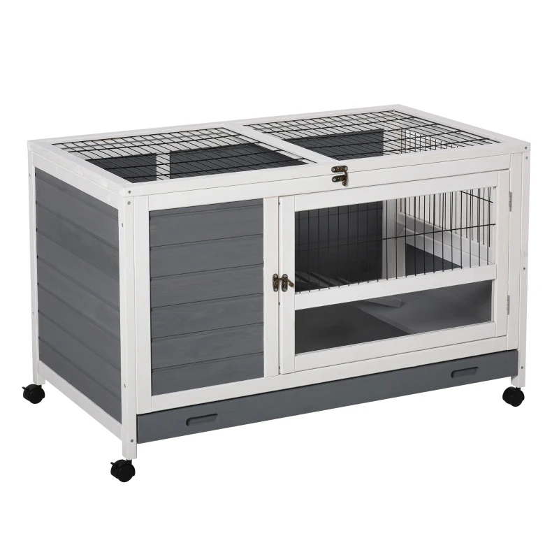 PawHut Wooden Rabbit Hutch Pet House Elevated Bunny Cage Small Animal Habitat with Slide-out Tray Lockable Door Openable Top for Indoor 40.25" x 23.5" x 25" Grey