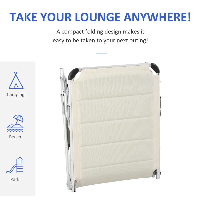 Outsunny Folding Lounge Chair Outdoor 5-Level Reclining Chaise Lounge Chair Outdoor Camping Tanning Chair with Aluminum Frame, Padding, and Headrest for Beach, Yard, Patio, Pool, White